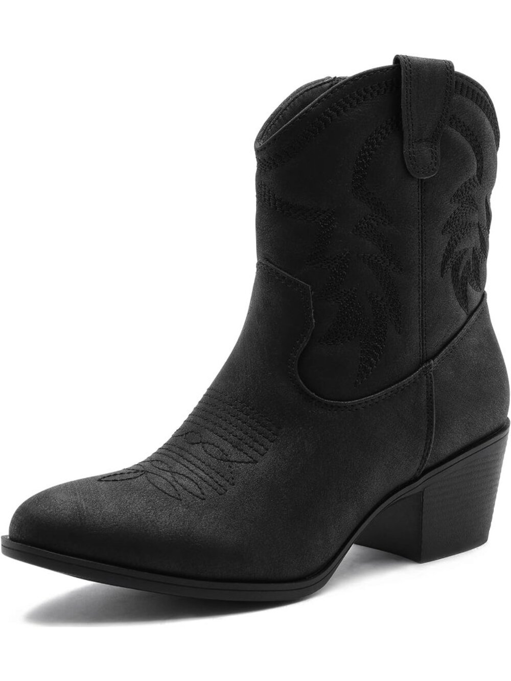 Women's Black Pointed Toe Cowgirl Faux Leather Side Zipper Ankle Booties